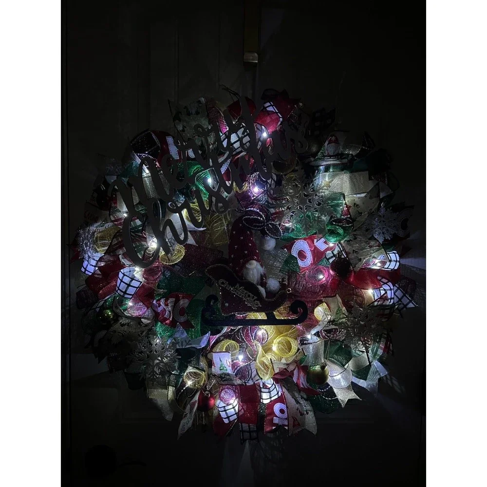 Handmade Christmas Gnome in Sleigh Holiday Ribbon Door Wreath 26 ins LED XLW2